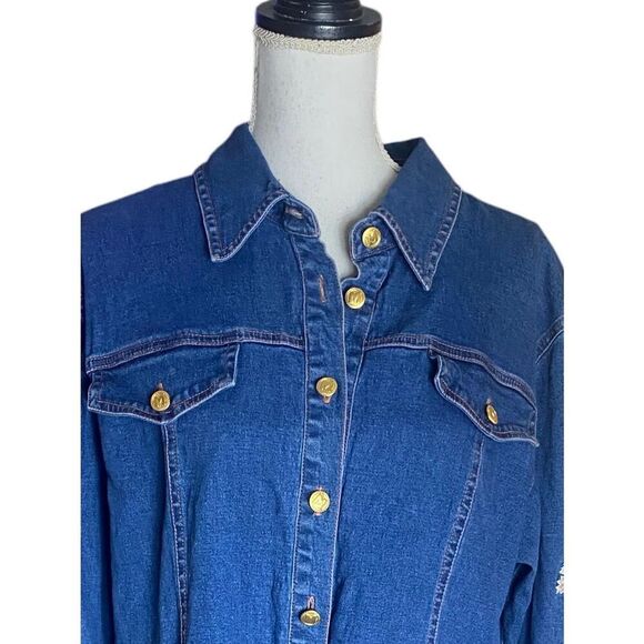 Bob Mackie Wearable Art Womens Blue Embroidered Button Down Denim Jacket Large - Picture 2 of 7